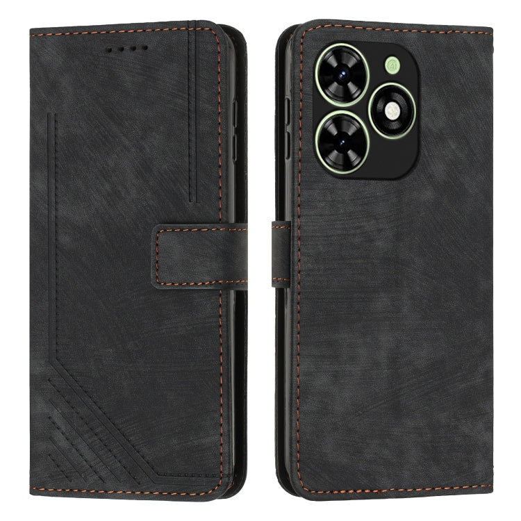 For Tecno Spark Go 2024 / POP 8 Skin Feel Stripe Pattern Leather Phone Case with Long Lanyard(Black)