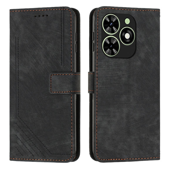 For Tecno Spark Go 2024 / POP 8 Skin Feel Stripe Pattern Leather Phone Case with Long Lanyard(Black)