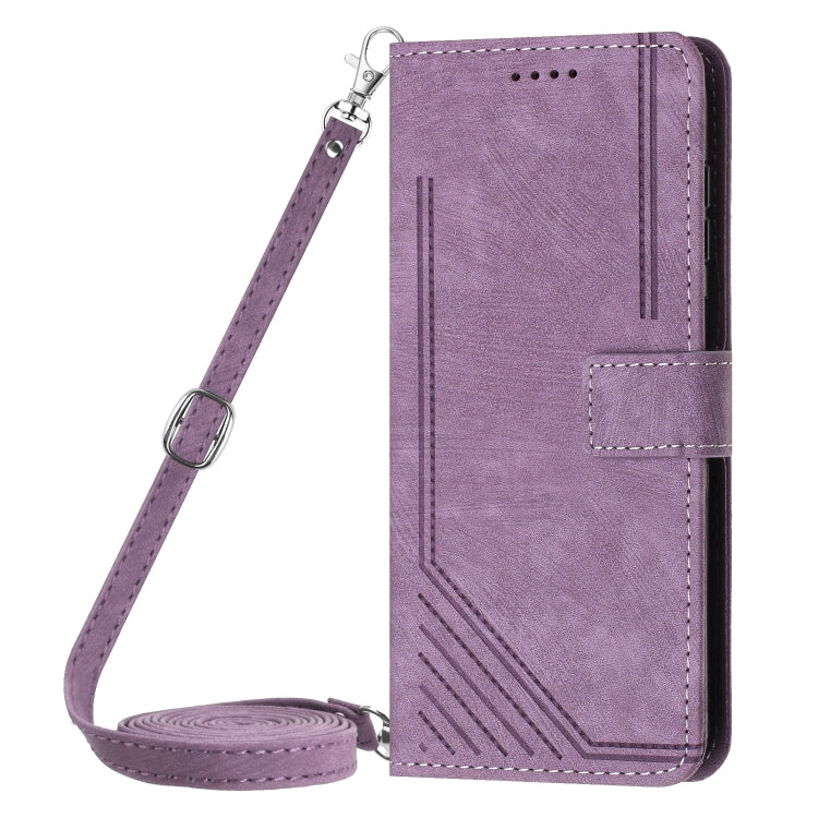 For Tecno Spark Go 2024 / POP 8 Skin Feel Stripe Pattern Leather Phone Case with Long Lanyard(Purple)