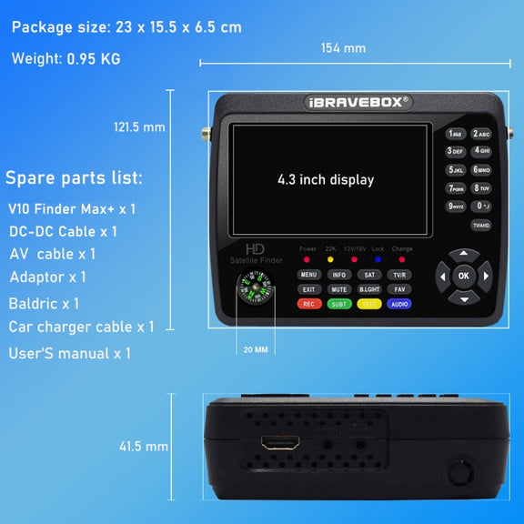 iBRAVEBOX V10 Finder Max+ 4.3 inch Display Digital Satellite Meter Signal Finder, Support DVB-S/S2/S2X AHD, Plug Type:EU Plug(Black)
