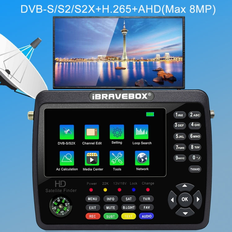 iBRAVEBOX V10 Finder Max+ 4.3 inch Display Digital Satellite Meter Signal Finder, Support DVB-S/S2/S2X AHD, Plug Type:EU Plug(Black)