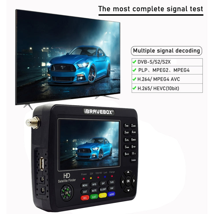 iBRAVEBOX V10 Finder Max+ 4.3 inch Display Digital Satellite Meter Signal Finder, Support DVB-S/S2/S2X AHD, Plug Type:EU Plug(Black)
