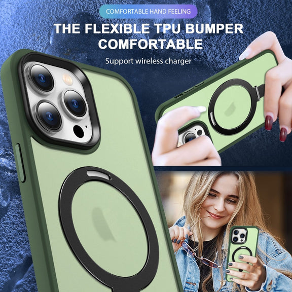 For iPhone 15 Plus MagSafe Holder Skin-feel PC Hybrid TPU Phone Case(Green)