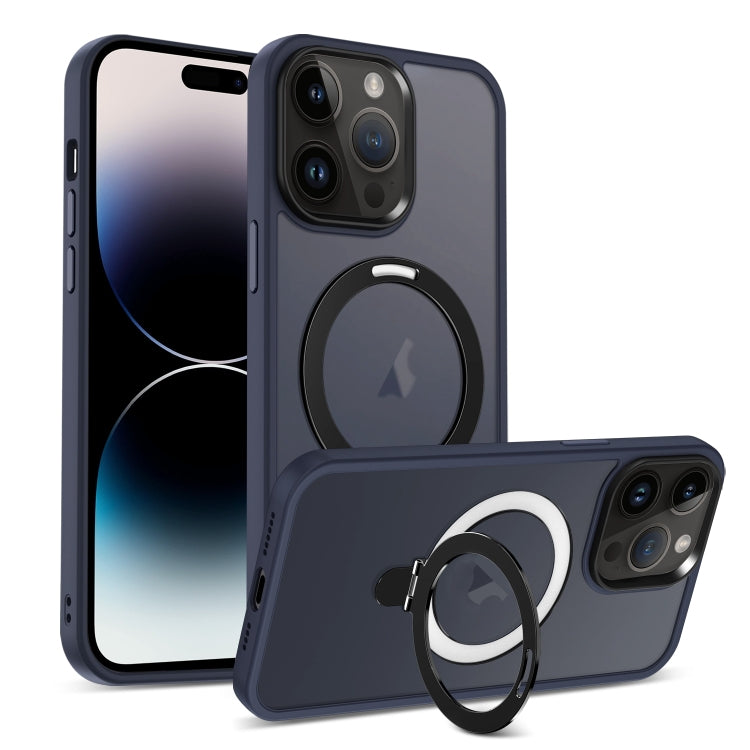 For iPhone 14 Pro Max MagSafe Holder Skin-feel PC Hybrid TPU Phone Case(Dark Blue)