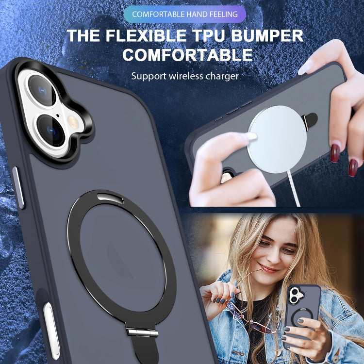 For iPhone 16 Plus Skin-feel MagSafe Holder PC Hybrid TPU Phone Case(Dark Blue)