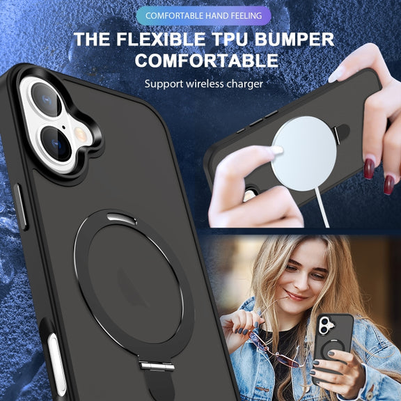 For iPhone 16 MagSafe Holder Skin-feel PC Hybrid TPU Phone Case(Black)