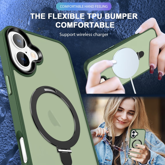 For iPhone 16 Skin-feel MagSafe Holder PC Hybrid TPU Phone Case(Green)