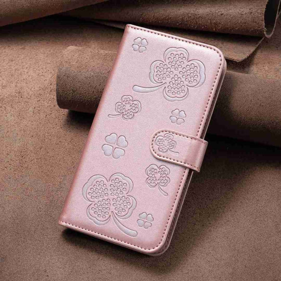 For Xiaomi Redmi Note 13 Pro+ 5G Four-leaf Embossed Leather Phone Case(Pink)