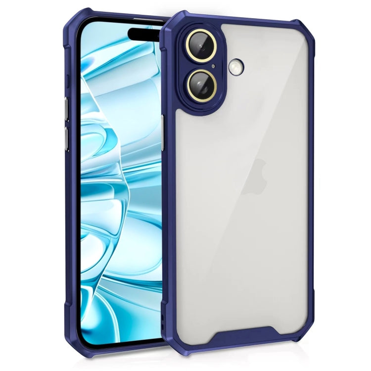For iPhone 16 Plus Shockproof Acrylic Phone Case with Lens Glass Film(Blue)