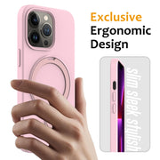 For iPhone 12 Pro Max MagSafe Magnetic Liquid Silicone Phone Case with Ring Holder(Grey Pink)