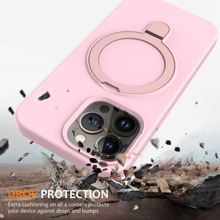 For iPhone 12 Pro Max MagSafe Magnetic Liquid Silicone Phone Case with Ring Holder(Grey Pink)