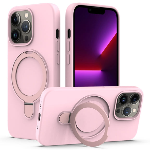 For iPhone 12 Pro Max MagSafe Magnetic Liquid Silicone Phone Case with Ring Holder(Grey Pink)