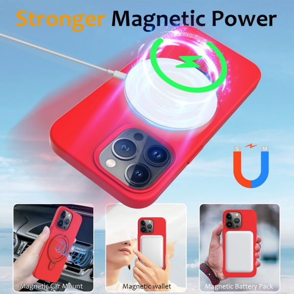 For iPhone 13 Pro Max MagSafe Magnetic Liquid Silicone Phone Case with Ring Holder(Red)