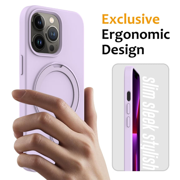 For iPhone 13 Pro MagSafe Magnetic Liquid Silicone Phone Case with Ring Holder(Lilac Purple)