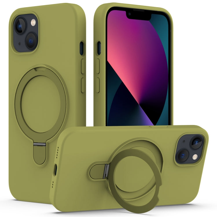 For iPhone 13 MagSafe Magnetic Liquid Silicone Phone Case with Ring Holder(Willow Green)
