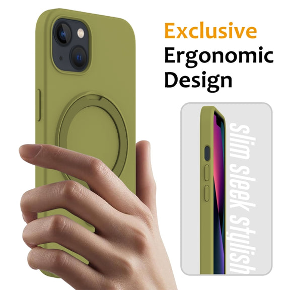 For iPhone 13 MagSafe Magnetic Liquid Silicone Phone Case with Ring Holder(Willow Green)