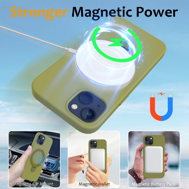 For iPhone 13 MagSafe Magnetic Liquid Silicone Phone Case with Ring Holder(Willow Green)