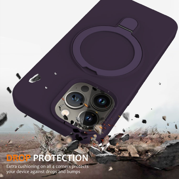 For iPhone 14 Pro MagSafe Magnetic Liquid Silicone Phone Case with Ring Holder(Purple)