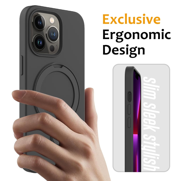 For iPhone 14 Pro MagSafe Magnetic Liquid Silicone Phone Case with Ring Holder(Carbon Black)