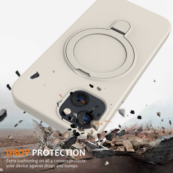 For iPhone 14 Plus MagSafe Magnetic Liquid Silicone Phone Case with Ring Holder(Antique White)