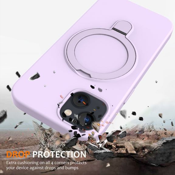 For iPhone 14 Plus MagSafe Magnetic Liquid Silicone Phone Case with Ring Holder(Lilac Purple)
