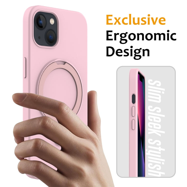 For iPhone 15 MagSafe Magnetic Liquid Silicone Phone Case with Ring Holder(Grey Pink)