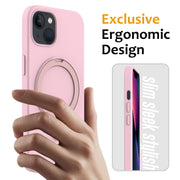 For iPhone 15 MagSafe Magnetic Liquid Silicone Phone Case with Ring Holder(Grey Pink)