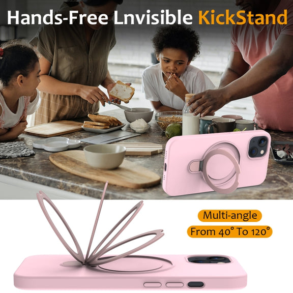 For iPhone 15 MagSafe Magnetic Liquid Silicone Phone Case with Ring Holder(Grey Pink)