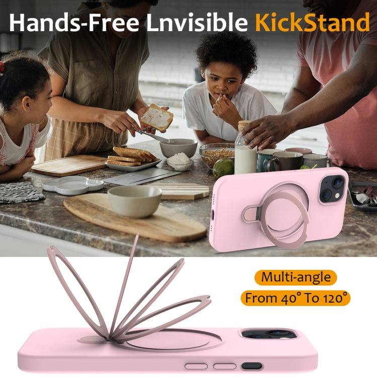 For iPhone 15 MagSafe Magnetic Liquid Silicone Phone Case with Ring Holder(Grey Pink)