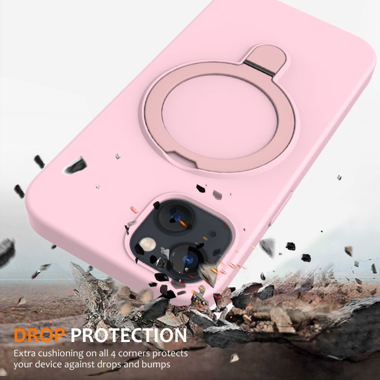 For iPhone 15 MagSafe Magnetic Liquid Silicone Phone Case with Ring Holder(Grey Pink)