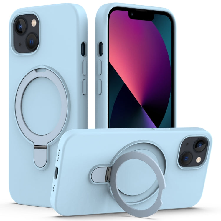 For iPhone 15 Plus MagSafe Magnetic Liquid Silicone Phone Case with Ring Holder(Sky Blue)