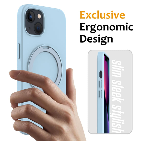 For iPhone 15 Plus MagSafe Magnetic Liquid Silicone Phone Case with Ring Holder(Sky Blue)