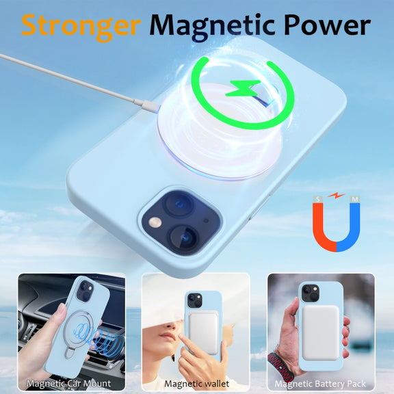 For iPhone 15 Plus MagSafe Magnetic Liquid Silicone Phone Case with Ring Holder(Sky Blue)