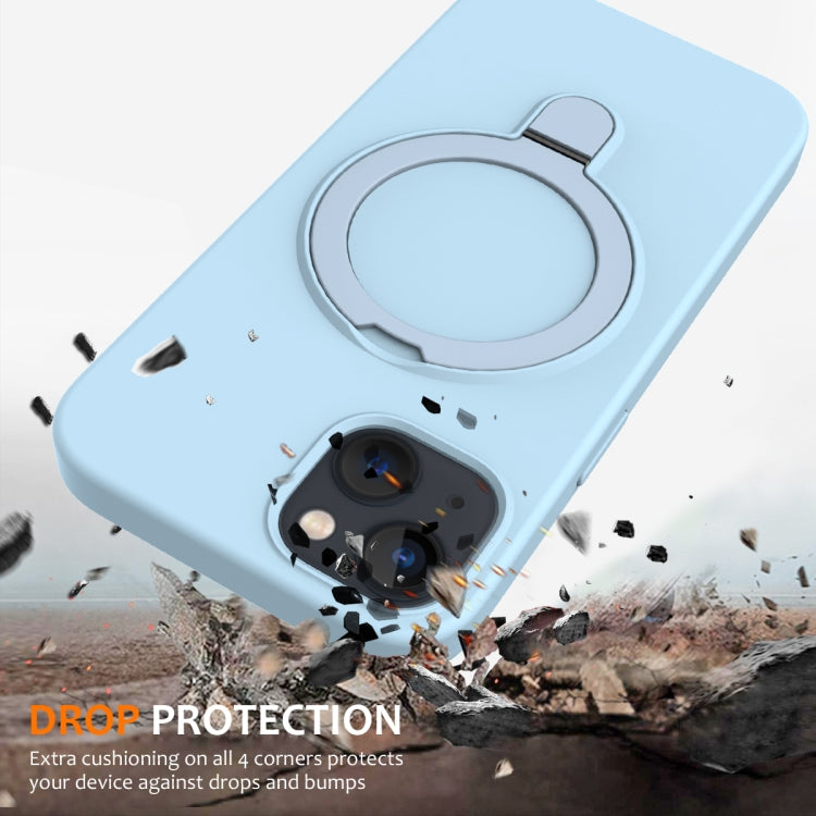 For iPhone 15 Plus MagSafe Magnetic Liquid Silicone Phone Case with Ring Holder(Sky Blue)
