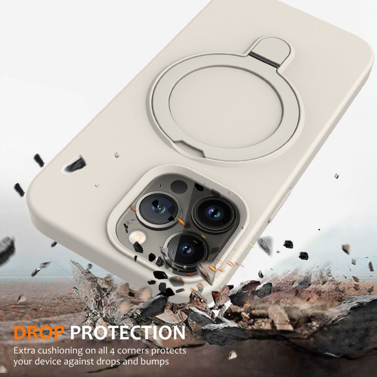 For iPhone 15 Pro MagSafe Magnetic Liquid Silicone Phone Case with Ring Holder(Antique White)