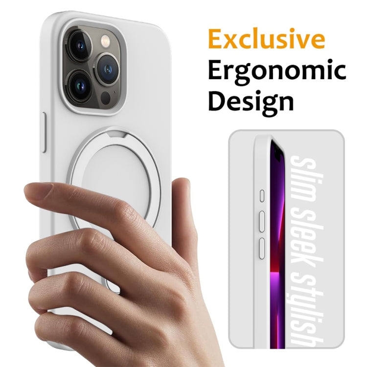 For iPhone 16 Pro Max Liquid Silicone MagSafe Magnetic Phone Case with Ring Holder(White)