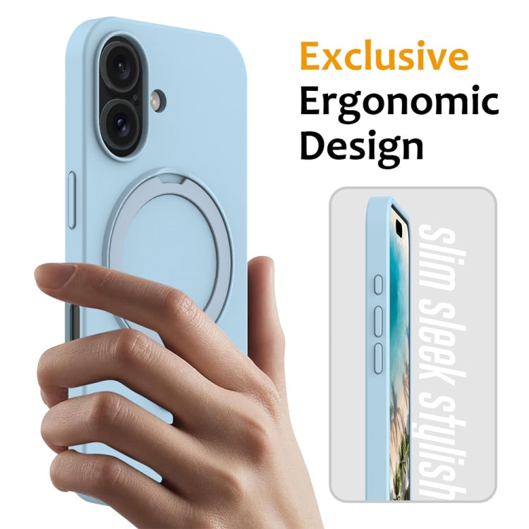 For iPhone 16 Plus Liquid Silicone MagSafe Magnetic Phone Case with Ring Holder(Sky Blue)