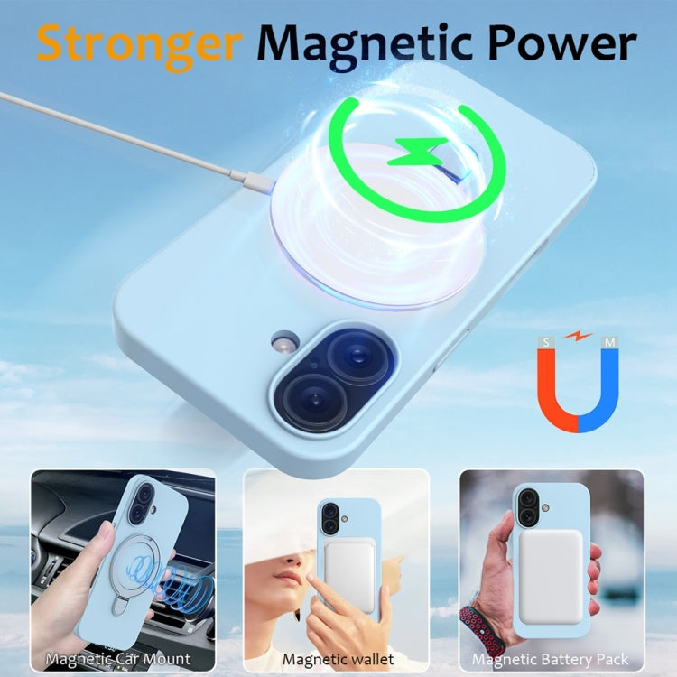 For iPhone 16 Plus Liquid Silicone MagSafe Magnetic Phone Case with Ring Holder(Sky Blue)