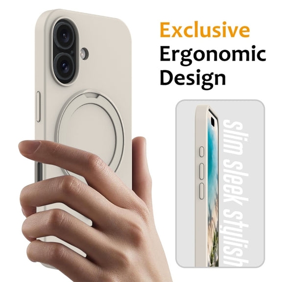 For iPhone 16 Liquid Silicone MagSafe Magnetic Phone Case with Ring Holder(Antique White)