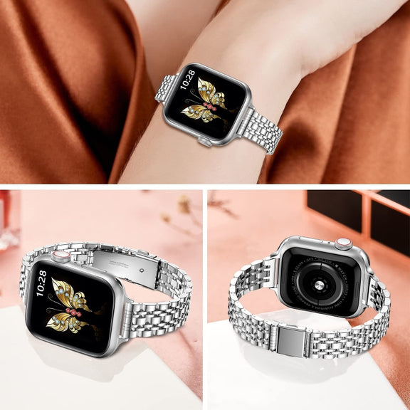 For Apple Watch 38mm Slim Seven Bead Slingshot Buckle Metal Watch Band(Silver)