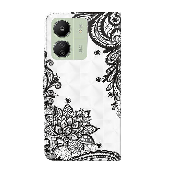 For Xiaomi Redmi 13C 5G / 4G 3D Painting Pattern Flip Leather Phone Case(Diagonal Black Flower)