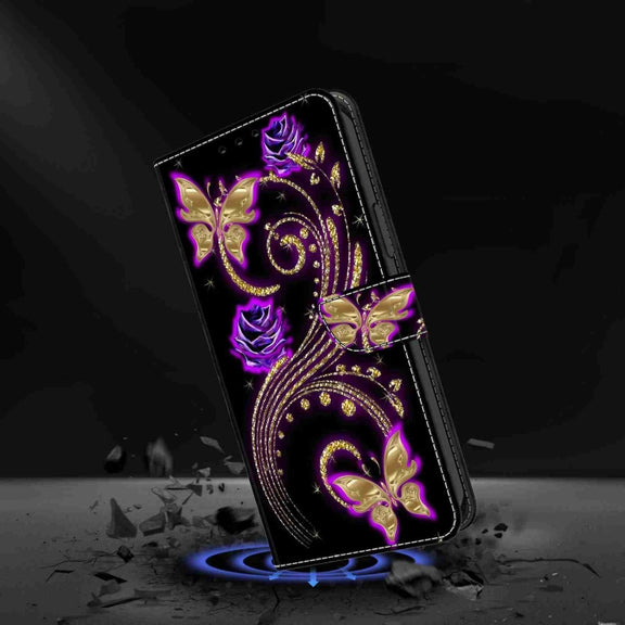For Honor Magic5 Pro Crystal 3D Shockproof Protective Leather Phone Case(Purple Flower Butterfly)