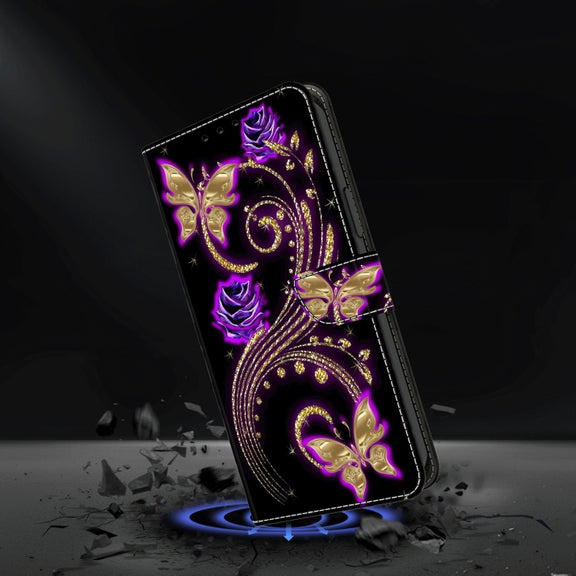 For Honor Magic6 Lite Crystal 3D Shockproof Protective Leather Phone Case(Purple Flower Butterfly)