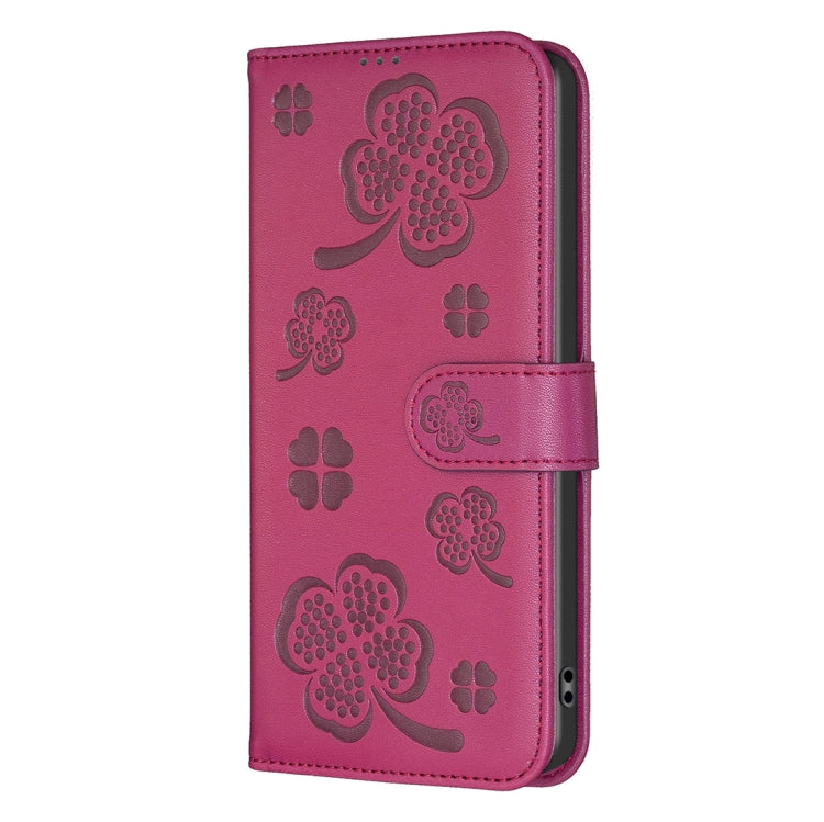 For iPhone 16 Pro Max Four-leaf Embossed Leather Phone Case(Rose Red)
