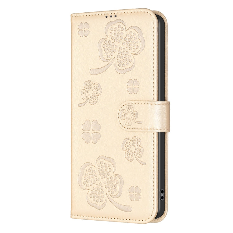 For iPhone 16 Pro Four-leaf Embossed Leather Phone Case(Gold)