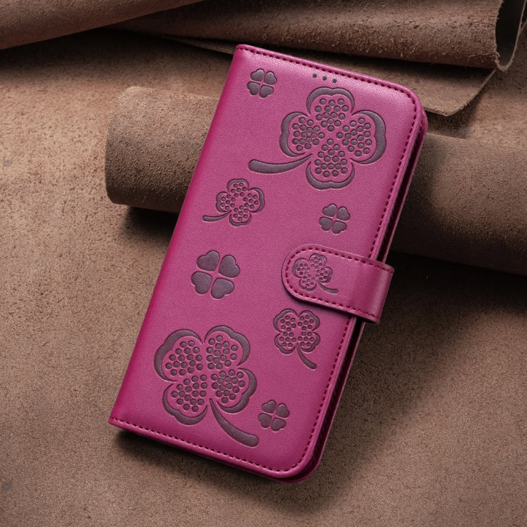 For iPhone 16 Four-leaf Embossed Leather Phone Case(Rose Red)