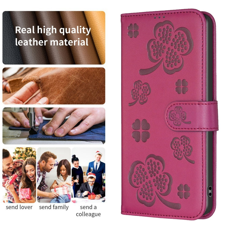 For iPhone 16 Four-leaf Embossed Leather Phone Case(Rose Red)