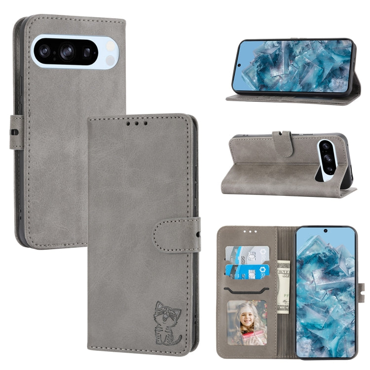 For Google Pixel 9 Pro Embossed Happy Cat Pattern Flip Leather Phone Case(Grey)