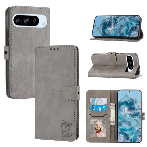 For Google Pixel 9 Pro Embossed Happy Cat Pattern Flip Leather Phone Case(Grey)