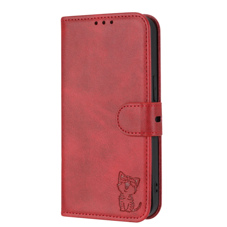 For Google Pixel 9 Embossed Happy Cat Pattern Flip Leather Phone Case(Red)